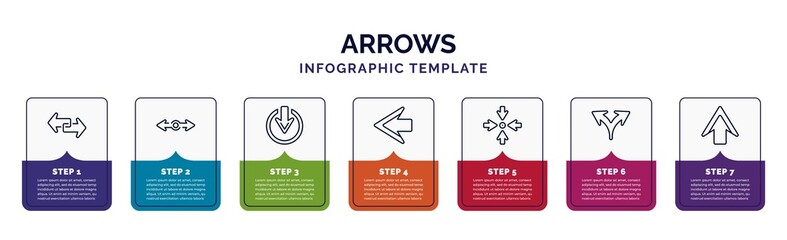 Poster - infographic template with icons and 7 options or steps. infographic for arrows concept. included transfer, roundabout, exit down, left arrow, focus, split arrows, up arrow icons.