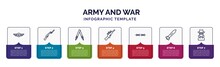 Infographic Template With Icons And 7 Options Or Steps. Infographic For Army And War Concept. Included Air Force, Bayonet On Rifle, Shoulder Strap, Rifle, Barbed, Torpedo, Secret Agent Icons.