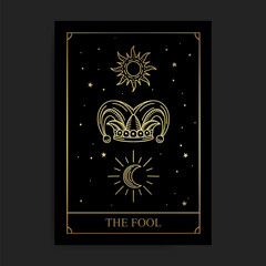 The fool magic major arcana tarot card in golden hand drawn style