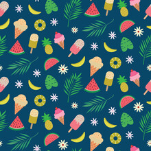 Tropical Summer Seamless Pattern With Palm Leaves, Monstera , Banana, Pineapple, Watermelon, Ice Cream, Popsicle And White Flowers On Teal Background. For Summer Textile, Home Décor And Wallpaper 