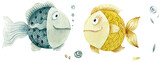 Fototapeta  - Cartoon Fishes. Children illustration. Watercolor hand drawn clip arts