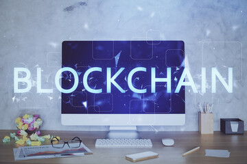 Aufkleber - Double exposure of blockchain and crypto economy theme hologram and table with computer background. Concept of bitcoin cryptocurrency.