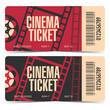 Cinema ticket with rounded corners, barcode and cinematographic film strip and film reel on red or black background. Movie session entrance coupon template design.