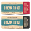 Cinema ticket vector template with red or black part with barcode, rounded corners, inscription on the cinematographic film strip, beige background, indicated date, row and seat.
