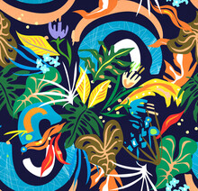 Tropical Landscape, Multicolored, 
Made With Artistic Techniques. 
For Decorative Or Textile Prints.