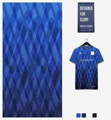 Soccer jersey pattern design. Brush stroke pattern on gradient blue background for soccer kit, football kit or sports uniform. T-shirt mockup template. Fabric pattern. Abstract background. 