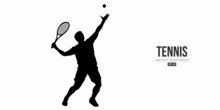 Abstract Silhouette Of A Tennis Player On White Background. Tennis Player Man With Racket Hits The Ball. Vector Illustration
