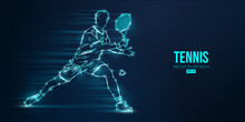 Abstract Silhouette Of A Tennis Player On Blue Background. Tennis Player Man With Racket Hits The Ball. Vector Illustration