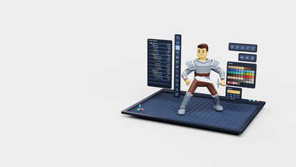 Fototapete - Game design development create characters animate pose 3d graphics artwork.Video game designer developer Creative software. 3d rendering.