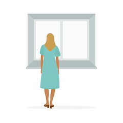 Wall Mural - Female character looking out the window on a white background