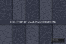 Collection Of Vector Seamless Geometric Polygonal Patterns - Elegant Dark Design. Gray Abstract Ornamental Backgrounds. Mosaic Trendy Prints