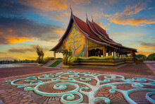 Amazing Temple Sirindhorn Wararam Phuproud In Ubon Ratchathani Province At Twilight Time,Thailand