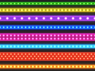 LED light tape. Seamless realistic colorful LED decorative strip of different size and types, glowing decorative light effect. Vector illuminated line set