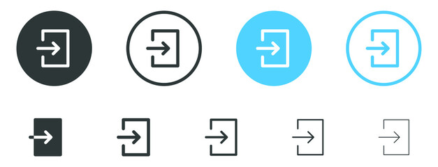 Poster - arrow Login account icon - Enter symbol, log in icon button - arrow and door icon entry symbols in filled, thin line, outline and stroke style for apps and website	