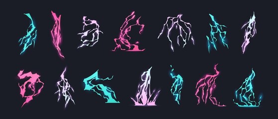 Wall Mural - cartoon lightning effect. thunderbolt strike comic sprite asses for 2d game, lightning natural elect