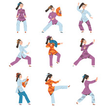 Woman Character In Kimono With Fan Practicing Tai Chi And Qigong Exercise As Internal Chinese Martial Art Vector Illustration Set