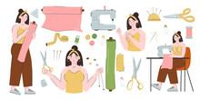 Young Seamstress Woman And A Set Of Sewing Tools. Needlework, Handicrafts, Hobbies. Fashion Designer, Dressmaker. Vector Illustration On A White Background