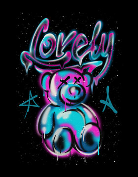 colorful teddy bear spray illustration in street style with slogan print design