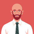 Portrait of a happy bearded bald man with necktie. Avatar of a successful businessman with eyeglasses. Smiling politician. Vector flat illustration