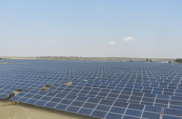 Solar power is the conversion of renewable energy from sunlight into electricity this plant is in Rajasthan, India