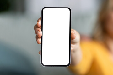 Poster - Unrecognizable Female Holding Modern Smartphone With Big Blank White Screen In Hand