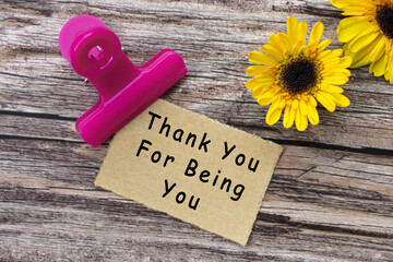Wall Mural - Thank you for being you text on torn paper with clip holder on wooden surface.