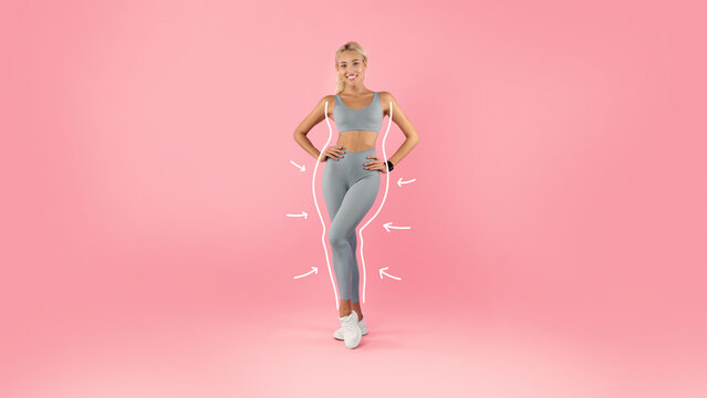 young blonde lady in sports outfit showing attractive body on pink background, colage with weight lo