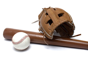 Wall Mural - baseball equipment glove ball bat white background