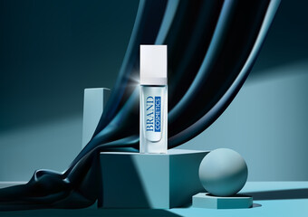 Beauty product ad on podium with blue silk fabric flow . cosmetic product ad, luxury packaging