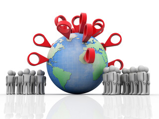 Aufkleber - 3d rendering Red map pointer around globe near people
