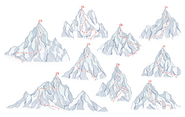 Mountains climbing routes to top rock with red flag on peak. Business journeys path in progress, way to success or concept of goal. Vector polygon dot connect line style