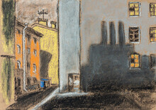 Walls And Windows Of The Old Courtyards Of St. Petersburg Pastel Drawing On Paper