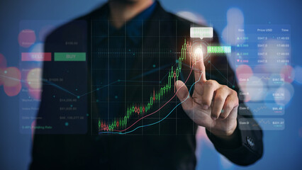 Business trader invest in bitcoin and data analysis stock index graph trend with smart ai application. Cryptocurrency technology, finance and economy of future money concept. 3D illustration.