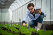 Portrait of handsome agricultural researcher holding tablet while working on research at plantation in industrial greenhouse