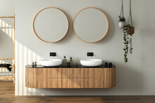 Modern Bathroom Interior With Dark Brown Parquet Floor, Two Sinks, Double Mirrors, Interior Plants, Front View. Minimalist Bathroom With Modern Furniture. 3D Rendering