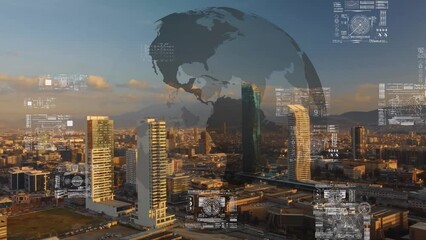 Business data analytic interface fly over smart city showing alteration future of business intelligence. Computer software and artificial intelligence are used to analyze big data for strategic plan