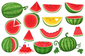 Wall Mural - Cartoon watermelon. Natural healthy product, diet juicy fruit. Whole, pieces and sliced, green leaves, fresh semicircles with seeds, sweet flavour exotic product, summer food vector set