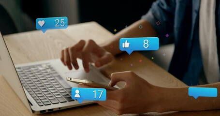 Poster - Animation of social media icons falling over person using laptop