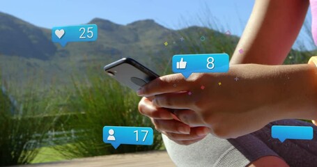 Poster - Animation of social media icons falling over person using smartphone