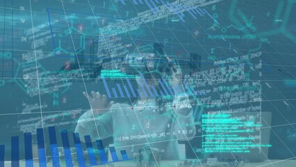 Poster - Animation of data processing over caucasian businesswoman using vr headset