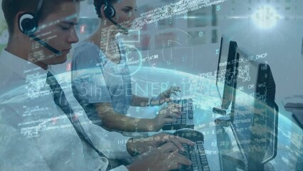 Poster - Animation of data processing and 5g text over diverse business people using phone headsets