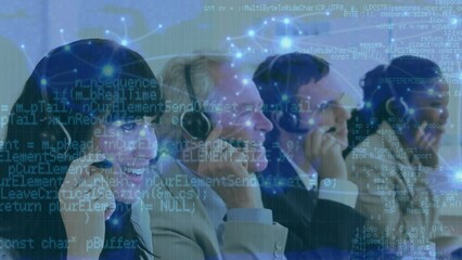 Poster - Animation of data processing and world map over diverse business people using phone headsets