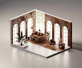 Wall Mural - Isometric view living room open inside interior architecture, 3d rendering digital art.