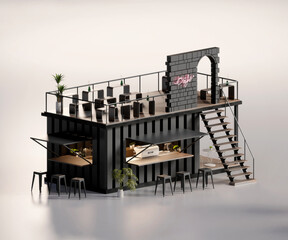 Poster - Isometric view minimal cafe and restaurant container store exterior architecture, 3d rendering digital art.