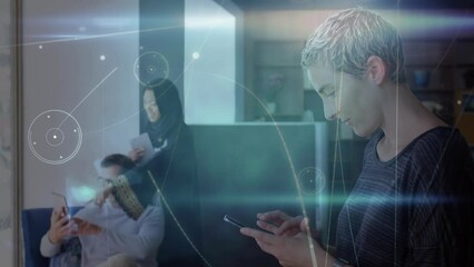 Poster - Animation of network of connections over diverse business people in office
