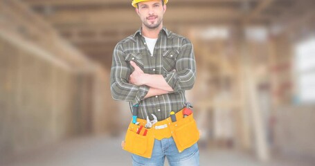 Poster - Animation of labor day text over happy caucasian male worker with tools