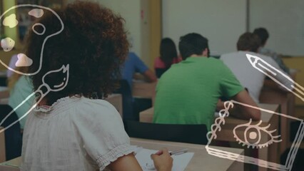 Poster - Animation of art equipment over happy biracial female and diverse teenage students in school class
