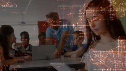Poster - Mathematical equations floating against caucasian girl using digital tablet at school