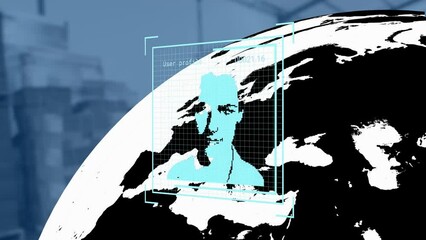Poster - Animation of user profile digital portraits over black and white globe and boxes in warehouse