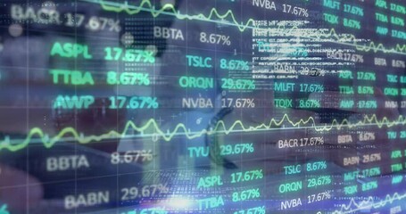Poster - Animation of financial data over hands of caucasian man using smartphone
